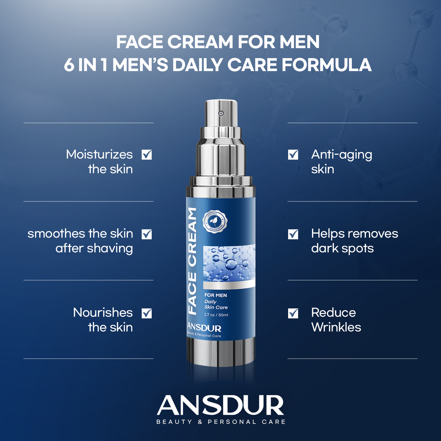 ANSDUR 6 in 1 Mens Face Moisturizer: Face Cream for Men Mens Face Moisturizer - Eye bags Treatment Anti Aging Face Lotion - After Shave Lotion for Men Advanced Formula 1.7oz