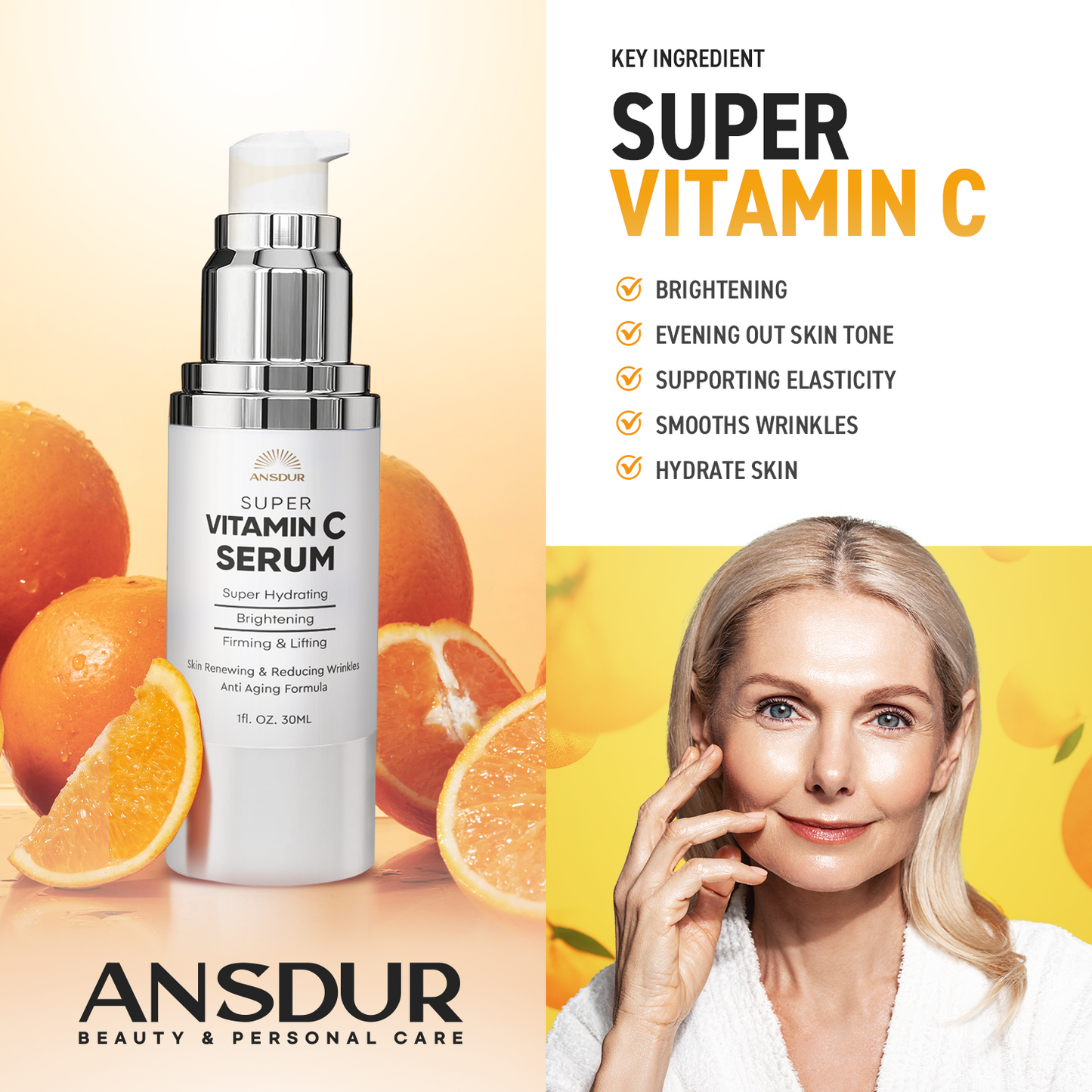 ANSDUR Super Vitamin C Serum for Women over 70: Hyaluronic Acid Serum for Face, Dark Spot Remover and Wrinkle Reduction - Lifting, Smoothing, Moisturizing, All in One Skin Care Formula, 1 fl oz