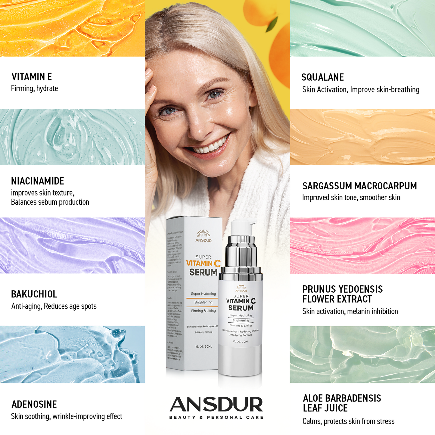 ANSDUR Super Vitamin C Serum for Women over 70: Hyaluronic Acid Serum for Face, Dark Spot Remover and Wrinkle Reduction - Lifting, Smoothing, Moisturizing, All in One Skin Care Formula, 1 fl oz