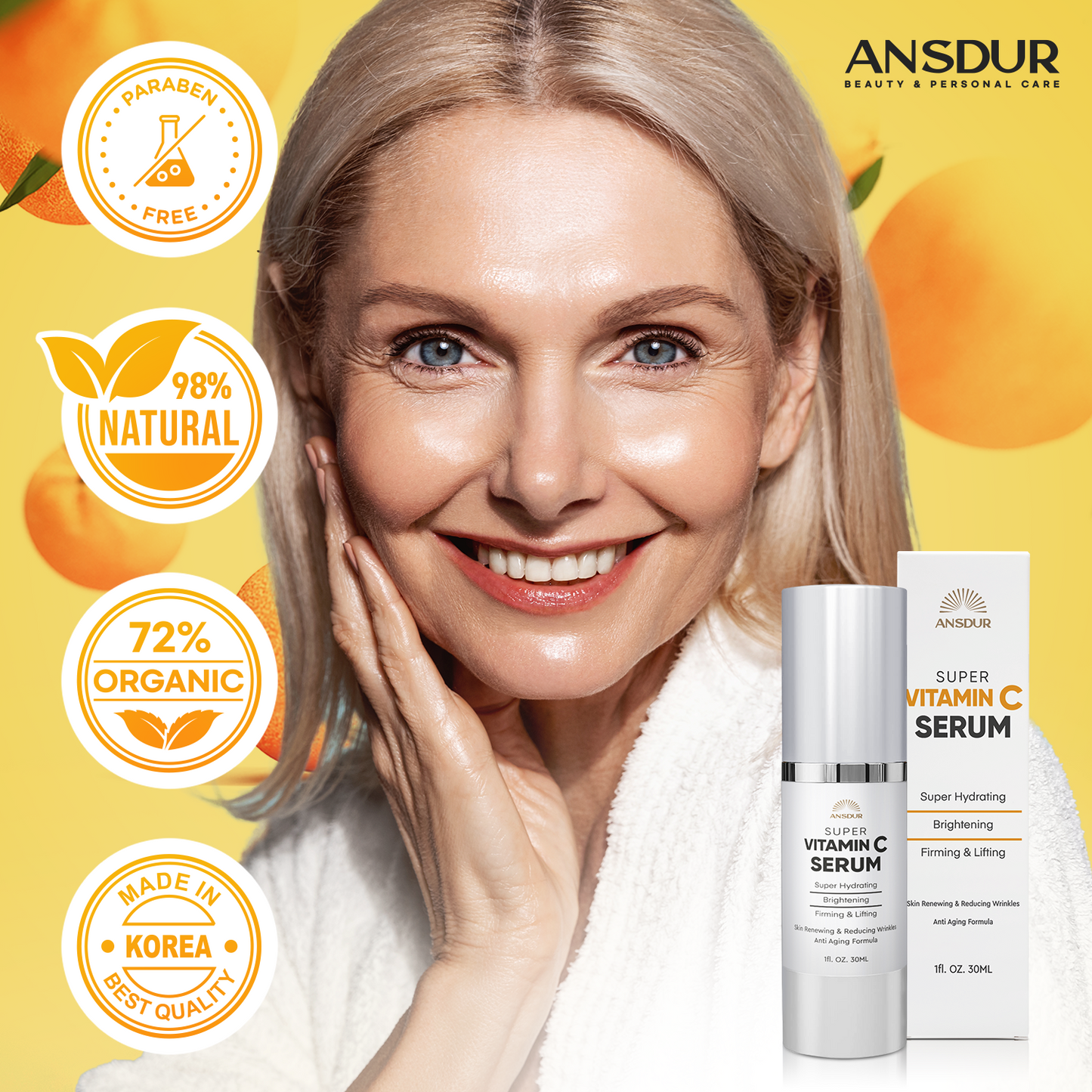 ANSDUR Super Vitamin C Serum for Women over 70: Hyaluronic Acid Serum for Face, Dark Spot Remover and Wrinkle Reduction - Lifting, Smoothing, Moisturizing, All in One Skin Care Formula, 1 fl oz